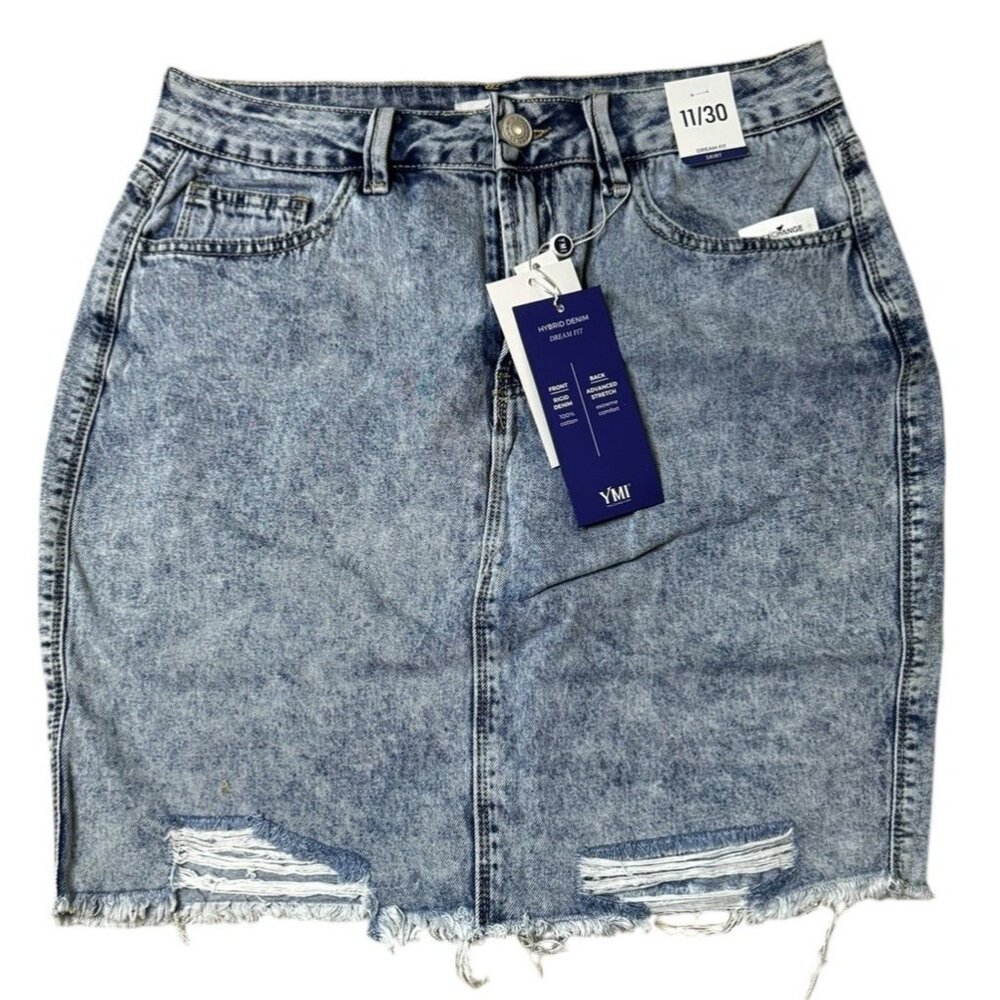 YMI Dream Fit Distressed Jean Skirt Acid Wash Blue Cotton Blend Size 11/30 New